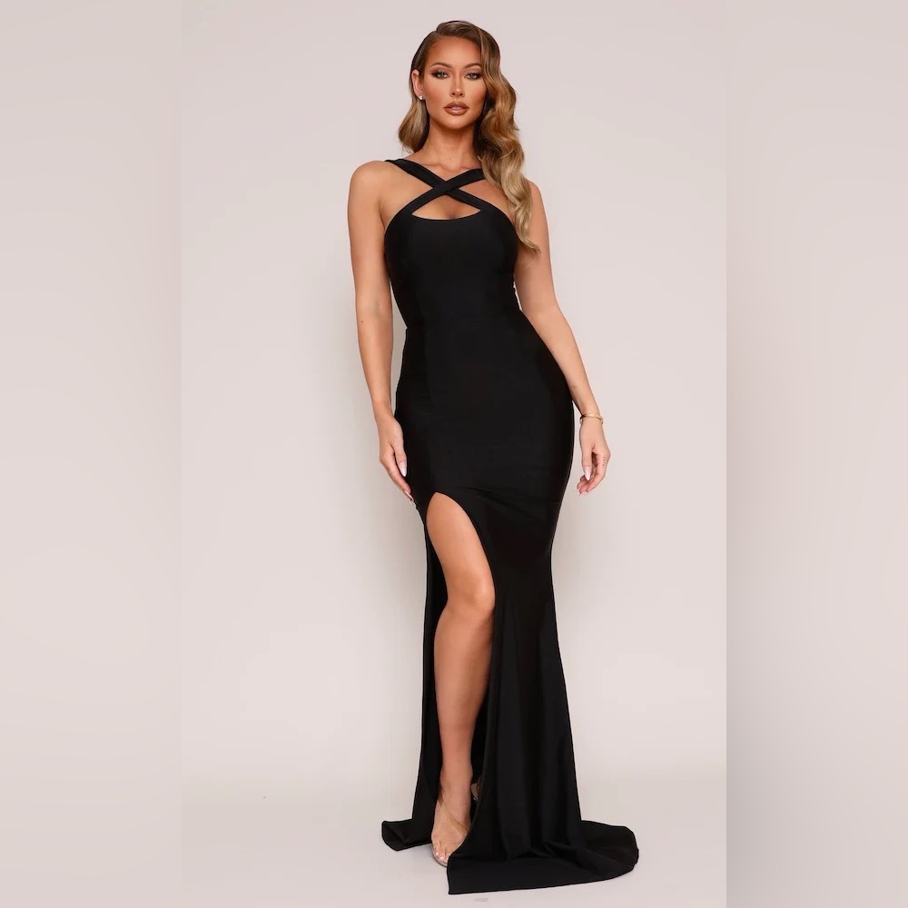Moda Glam JERSEY CROSS STRAP GOWN- BLACK